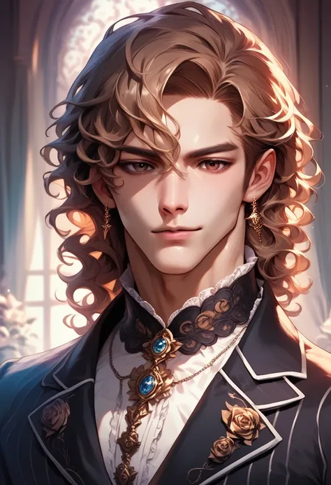  anime pretty boy, black wavy hair, medium hair, brown eyes, pale, victorian, handsome