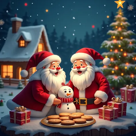  A Christmas night scene with Santa Claus and Mama Claus together with a smiling snowman.  in the background ,  an illuminated Christmas house ,  A Christmas tree decorated with lights , and beautiful gifts .  There is also a cookie tray that complements t...