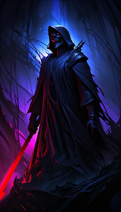 A black grim reaper, oil painting, extremely detailed figure, flowing black robe and hood, striking skeletal face with hollowed eyes and sharp teeth, holding a scythe with a long, curved blade, (scythe), surrounded by a misty graveyard, moonlight illuminat...