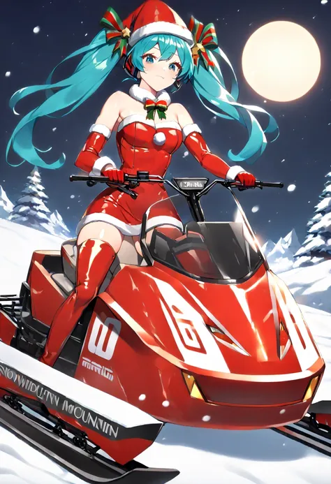 (hatsune miku:1.2), (gleaming skin, shiny skin:1.4), (santa uniform, thigh boots, red footwear:1.4), (santa-snowmobile:), (driving snowmobile:1.4), (snow mountain:1.4), (midnight:1.4),