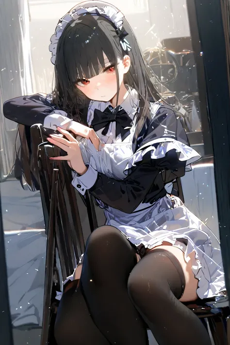 1girl, solo, long_hair, maid_headdress, maid, sitting, apron, black_hair, thighhighs, looking_at_viewer, dress, blush, bangs, long_sleeves, red_eyes, maid_apron, chair, black_dress, black_thighhighs, light_particles, frills, feet_out_of_frame, indoors, clo...