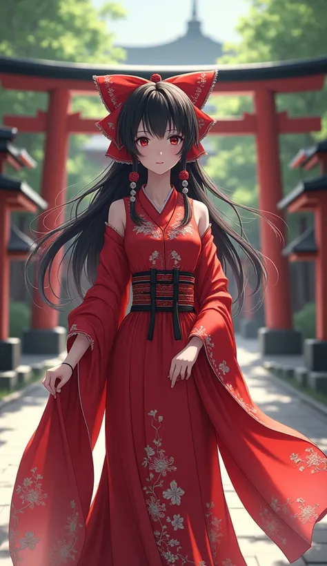 Reimu_Hakurei, Red Dress, Miko, Shrine Background, 1girl, masterpiece, best quality, highly detailed