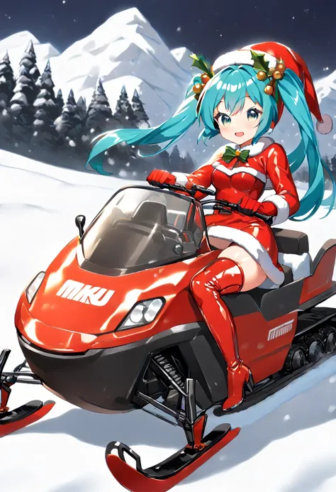 (hatsune miku:1.2), (gleaming skin, shiny skin:1.4), (santa uniform, thigh boots, red footwear:1.4), (santa-snowmobile:), (driving snowmobile:1.4), (snow mountain:1.4), (midnight:1.4),