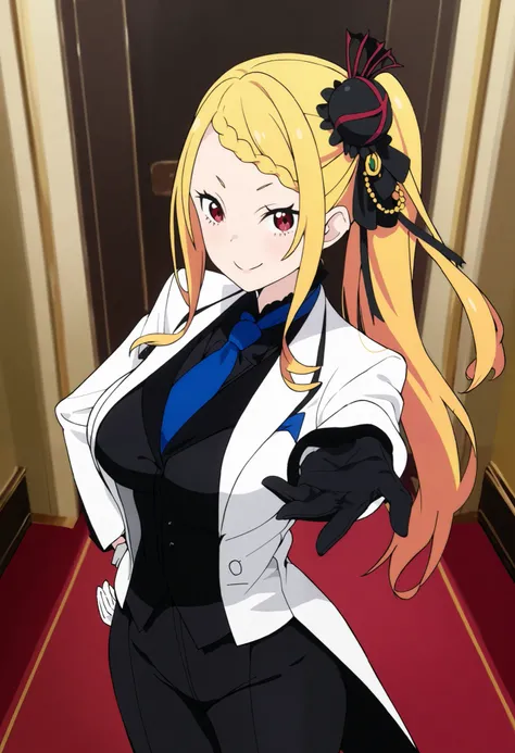 priscilla barielle, long hair, blonde hair, red eyes, braid, single braid, braided bangs, one side up, large breasts, 
hair ornament, gloves, score_9, score_8_up, score_7_up, score_6_up, score_5_up, score_4_up1girl, solo, ,, suit tuxedo , , long hair, bang...