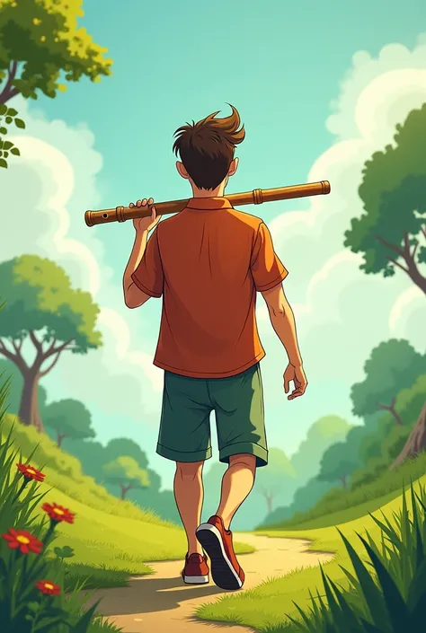  a human man with a transverse flute watching him walk forward we are standing on his back,  with the flute in his hand and on a grass path . All very cartoonish 