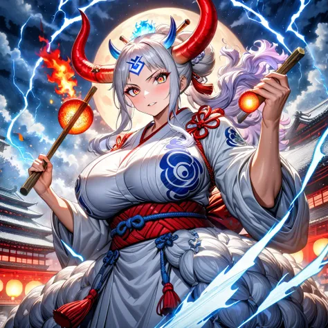 Ultra detailed, highres, absurdres, HDR, master piece, Yamato, long white hair, red horn on head, One Piece, fantasy, petals, white flowers, stylish, solo, traditional Japanese white clothing, red and white obi, holding a kanabo, magic, golden fireflies, g...