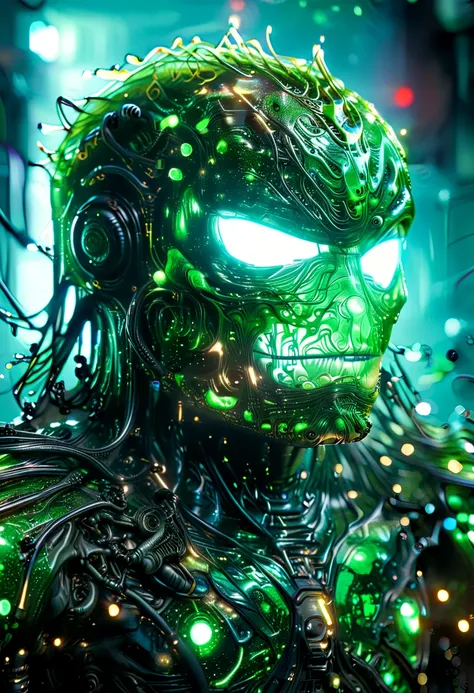 slime robot de color verde, mucocidad verde:1.5, transparent body with visible internal wiring, highly detailed, hyper realistic, 8k, photorealistic, cinematic lighting, glowing blue circuitry, futuristic, intricate mechanical design, metallic textures, sl...