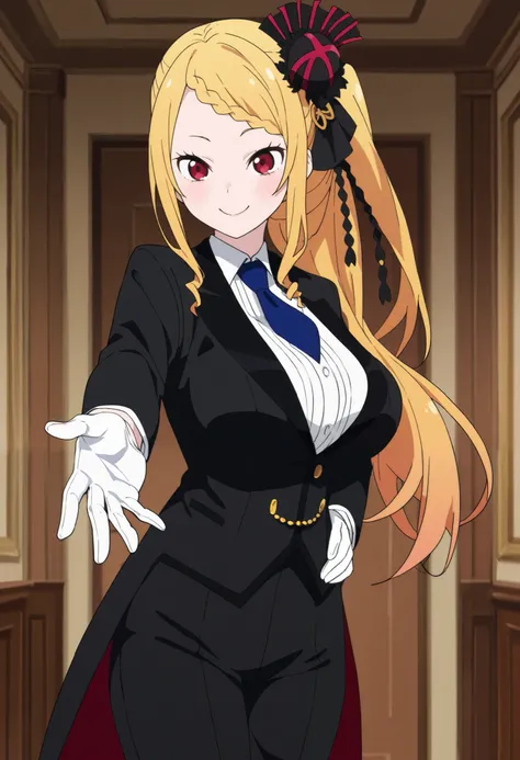 priscilla barielle, long hair, blonde hair, red eyes, braid, single braid, braided bangs, one side up, large breasts, 
hair ornament, gloves, score_9, score_8_up, score_7_up, score_6_up, score_5_up, score_4_up1girl, solo, ,, suit tuxedo , , long hair, bang...