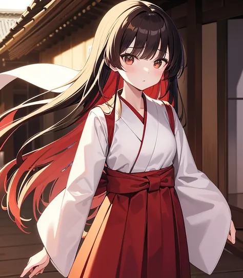 masterpiece, best quality, anime screeshot, a close photo of Kikyo, 1 girl, solo, standing, brown eyes, long hair, red hakama and white kimono, looking_at_viewer, expressionless, upper_body, ((Village background:1.0))