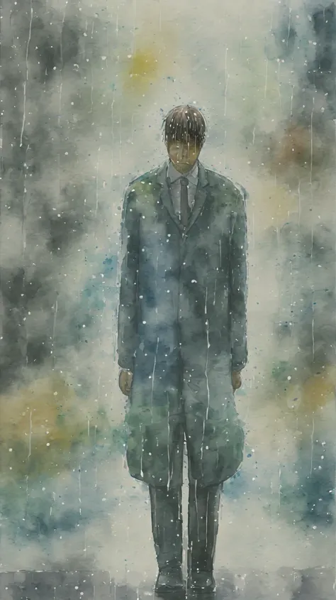 watercolor painting of a man in suit in the rain. full body shot of the man who is soaked under the rain. he tilts his head up to face the rain, the rainwater flows down his face. he is walking in the street, holding his hands out to feel the rain. waterco...