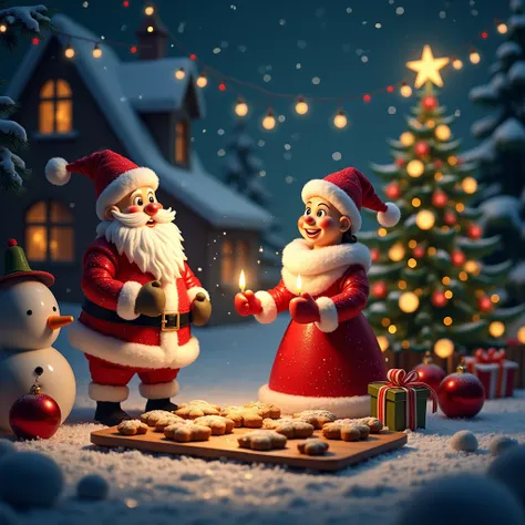  A Christmas night scene with Santa Claus and Mama Claus together with a smiling snowman.  in the background ,  an illuminated Christmas house ,  A Christmas tree decorated with lights , and beautiful gifts .  There is also a cookie tray that complements t...