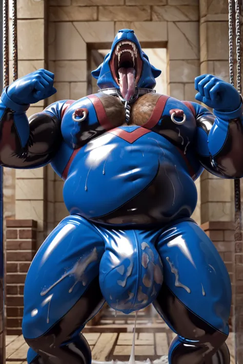 (((((silver and dark red torso,solo,small head,fatty body))))),(((very fat and musclar nakid anthro sumo wreslar))),((((screaming,Expression of anguish,eyes closed)))),shiny very tight latex bodysuit,((((huge red crystal on breastbone,big gem on forehead))...