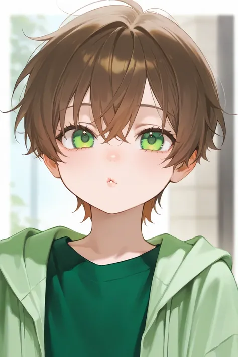 The boy had thick brown hair, emerald green eyes, a small nose and a small mouth with heart-shaped lips. The boy was dressed in casual clothes