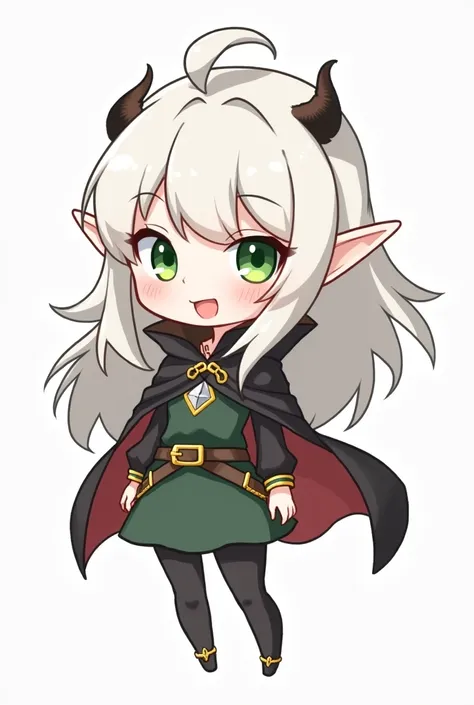 a  elf girl with horns, long white hair,green eyes, in a thief outfit with a cape,long skirt and tights. Simplistic artstyle no weapon. Chibi. 