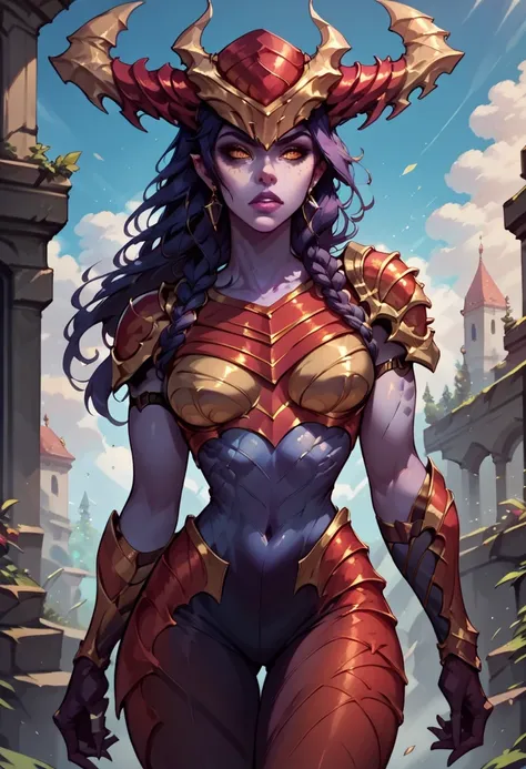 score_9, score_8_up, score_7_up, score_6_up, score_9, score_8_up, score_8, best quality, intricate details, The_Half_Dragon_Shyvana, Purple_skin, Long_hair,