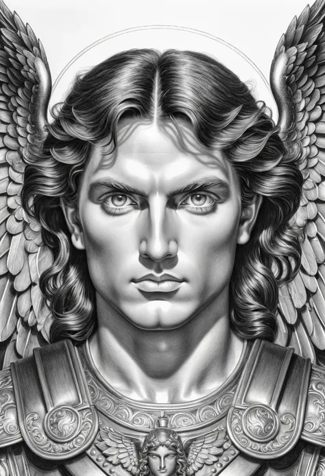 black pencil drawing portrait of the face of Saint Michael the Archangel, with expressive and piercing eyes.