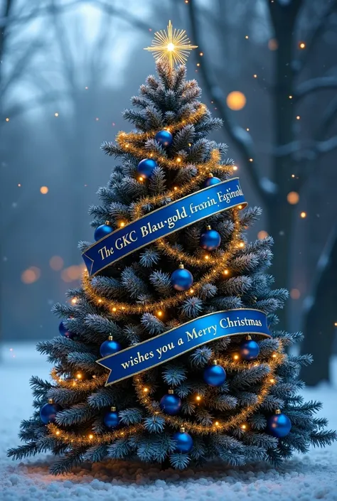 A picture of a Christmas tree in the colors blue gold with a banner that says the GKC Blau-Gold wishes you a Merry Christmas 