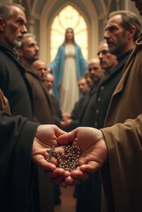 Rosary of the men with Our Lady who appeared in the background inside a chapel I want an ultra realistic image in 8k