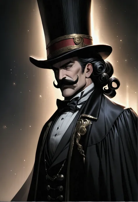 Make an anime version of a man with a long curled mustache ,  he wears a top hat and has big curly black horns. The hat is tall ,  black and Vaudevillian ,  the mustache is luxurious and has a pulcinella face .