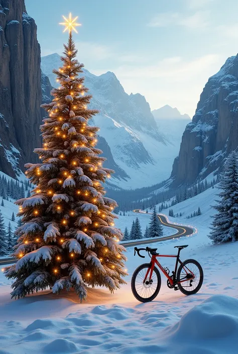 christmas tree next to the road bike canyon in winter