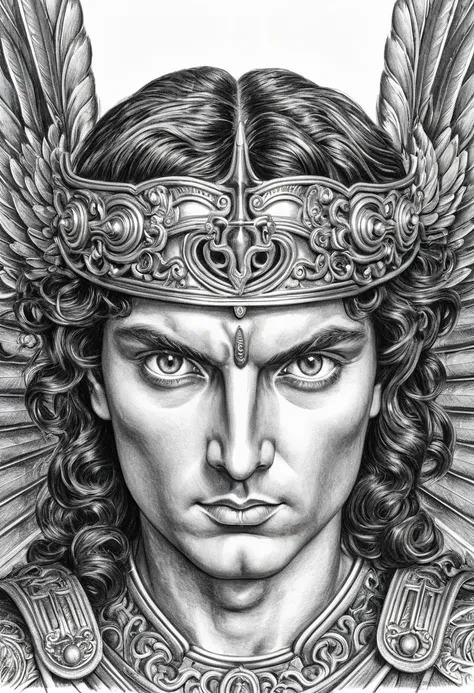 black pencil drawing portrait of the face of Saint Michael the Archangel, with expressive and piercing eyes.