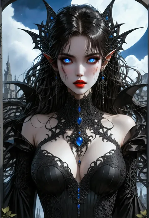 art deco illustration, gothic art, (masterpiece:1.5), full body best details, highly detailed, best quality, highres, full body portrait of a female vampire, (Masterpiece, best quality: 1.6), ultra feminine, with a long curvy hair, black hair, glowing blue...