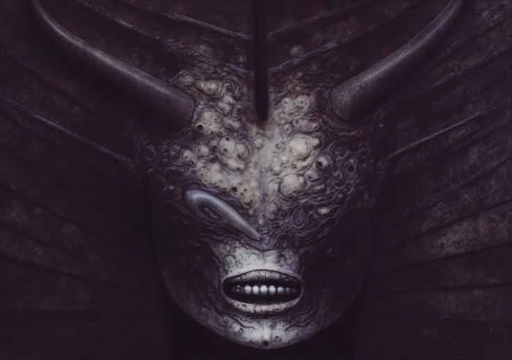 H. R. Gigers g1g3r, , Giger_style,  , The image is a detailed view of H.R. Gigers " Li II  " plate, featuring HRGGR, H.R. GIGER.  g1g3r 3t3rn1ty,alien creature, dark alien architecture machine (best quality:1.4). Gigers biomechanical tableau features a clo...