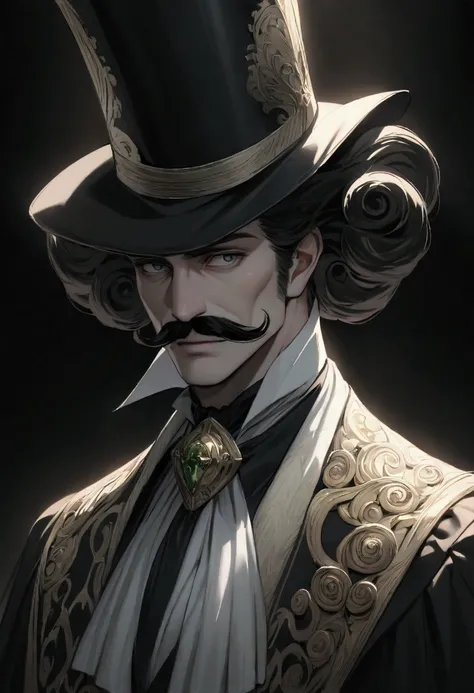 Do an anime version of a young boy with a long curled mustache,  he wears a top hat and has big curly black horns. The hat is tall ,  black and Vaudevillian ,  the mustache is luxurious and has a pulcinella face .