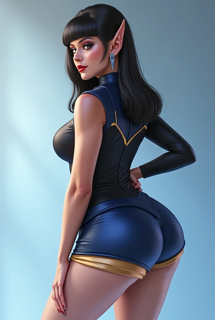 realistic image of a beautiful woman,  voluptuous body,  backwards, curving down , to catch something on the ground , with part of the gold panties exposed, blouse and short skirt , fringe hair, big butt,  medium breasts,  thick legs ,  WIDE HIPS (Vulcan ,...