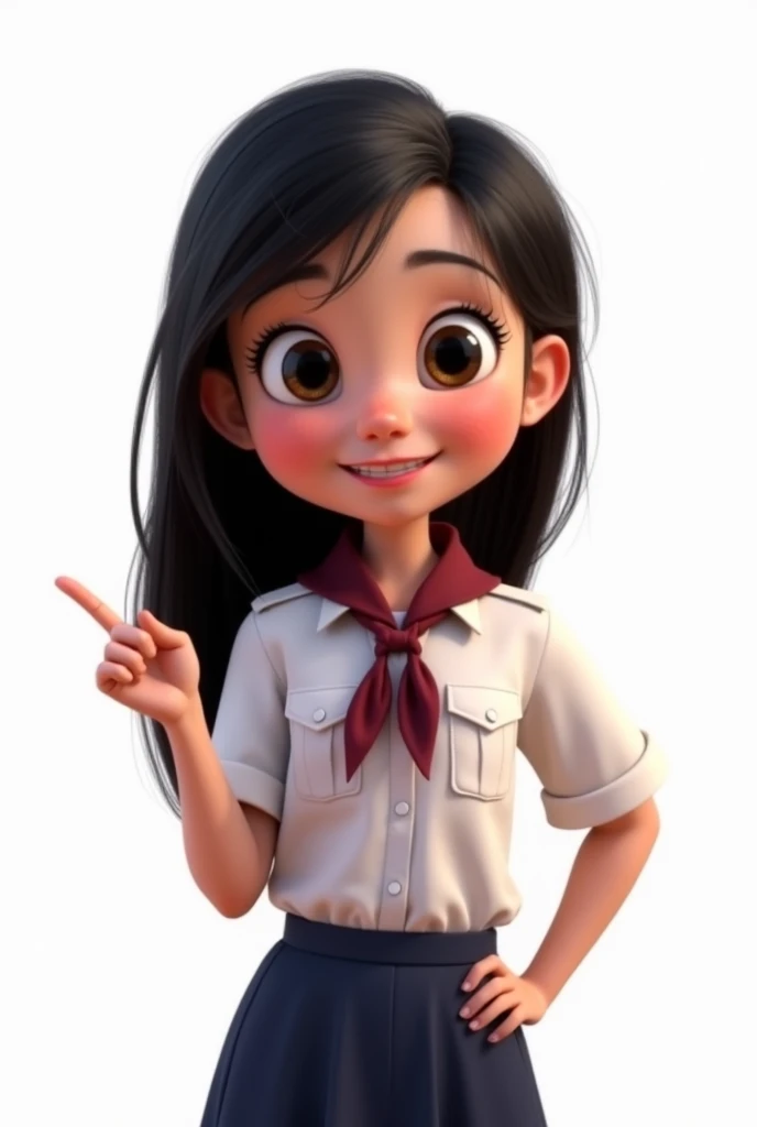 A lively Pixar with long, dark black hair that falls down her shoulders and back. Her hair has black reflections with some layers framing her face .  She has a fair complexion with slightly flushed cheeks . His eyes are big, round and black , with long eye...