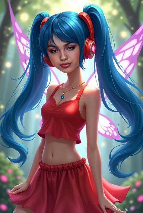 two ponytails long, dark blue hairs, fairy, red top, red skirt, headphones, winx