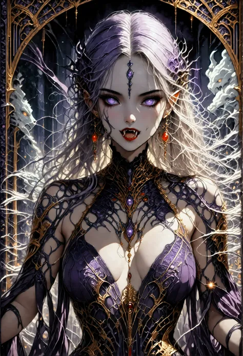 art deco illustration, gothic art, (masterpiece:1.5), full body best details, highly detailed, best quality, highres, full body portrait of a female vampire, (Masterpiece, best quality: 1.6), ultra feminine, with a long curvy hair, white hair, glowing blue...