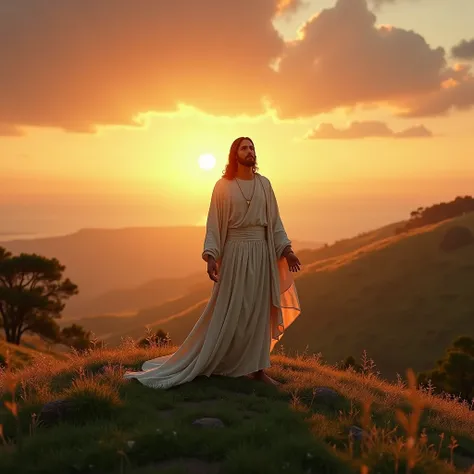  realistic image of Jesus standing on his back, On a hill at sunset 