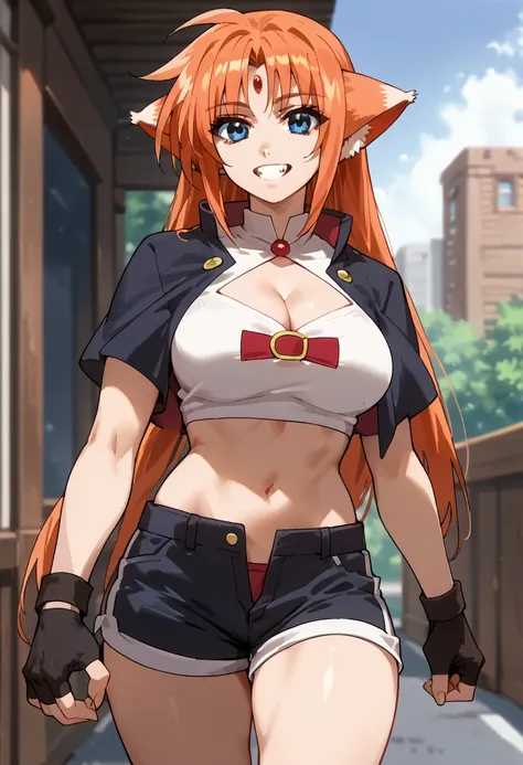 Alf , One girl ,Alone, long hair, animal ears , blue eyes,Forehead gem, orange hair,tooth, Big Breasts ,fingerless gloves, shorts,midriff, clevage , Cleavage Cut Out , cowboy shot, viewers,smile,Outdoor