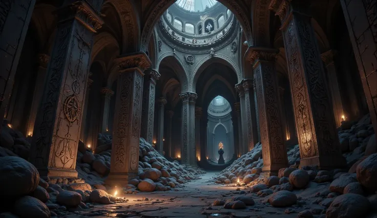 The Dimhollow Cryptis dark and foreboding, with flickering torches casting long shadows on the cold, damp stone walls. 
 The crypt features typical Nordic stonework, with intricate carvings and massive stone pillars supporting the ceiling. The walls are ad...