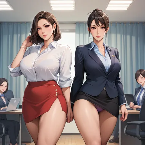 ((thick body mature female Anime women age 40 super model )) 2women skirt panties, office dancing, stage