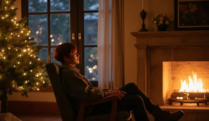 On a peaceful night , Side view of BTS Kim Tae-young sitting in a comfortable chair in front of the fireplace ,  beautiful Christmas tree and lights ,  large glass window and snow falling from outside .