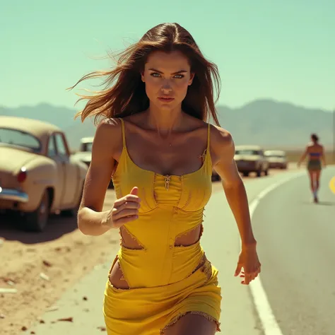 cinematic close-up photography of a beautiful brunette woman, blue eyes, long hair in the Claudia Cardinale style, sexy and sculptural body, beautiful breasts, wearing a tight yellow dress that is torn and dirty, running in the desert, in the background a ...