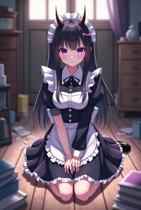 Anime girl with three harmless horns on her head, black hair and somewhat long , purple eyes and pale skin,  dressed as a maid, On the floor straddling a cluttered room