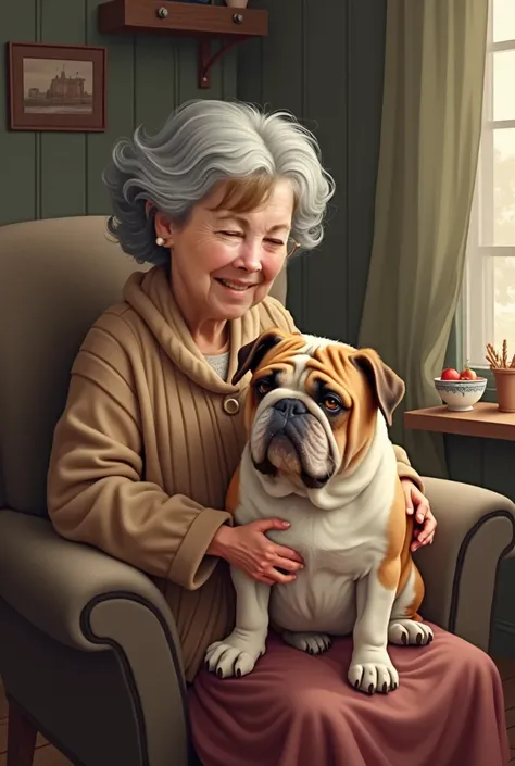 Give me a drawing that matches the old lady and the bulldog dog 