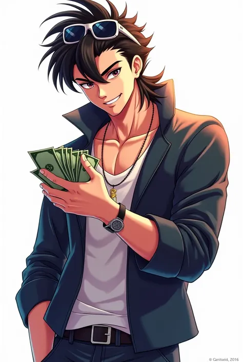 Handsome young adult anime with dark hair with mullet cut anime style with saturated colors ,  sunglasses above his hair smiling in a sexy way holding money and white background 