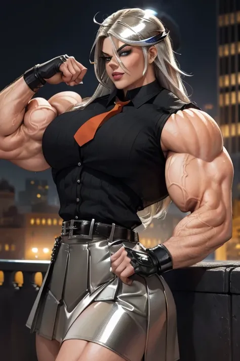 ((Close-up)), tall, (orange hair), beautiful muscular woman, long shaggy hair, white skinned, (black lipstick), smirking, (massive muscles), (hyper muscle), ((ginormous bulky muscles)), green eyes, (((((sleeveless chrome collared shirt))))), ((((Chrome ple...