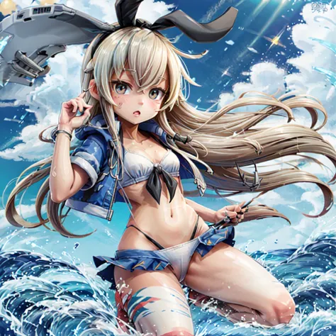 shimakazesummerKC,long hair,jacket, swimsuit, short sleeves, bikini, hairband, small breasts, open clothes, open jacket, highleg, white bikini, black hairband, blue jacket, adapted costume, front-tie top,bikini skirt,