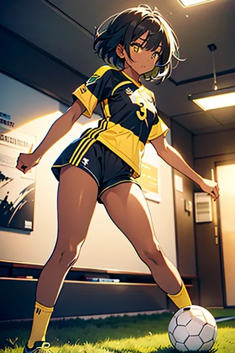  masterpiece ,  best quality,  dark skin, short hair,  yellow eyes ,  black hair, pretty girl, Tune,  full body,  , short , small , short chest,  big ass, wide thigh,  green soccer jersey kit,  kicking a soccer ball 