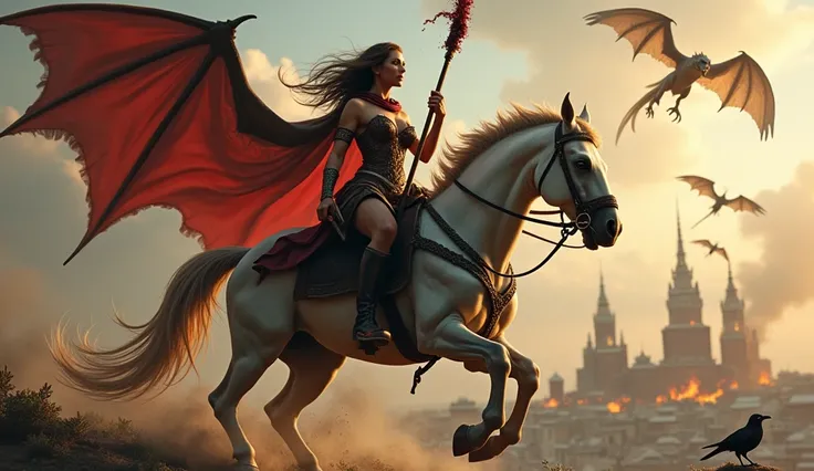 full body, sexy amazone , scarf on her, big natural breast, with spear on horse, a bloody head of a man on the end of the spear, victory , dragon flying high, city in the foreground with smoke, high detail , crow cheering her