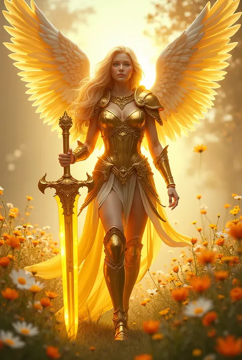 buff female sun themed angelic summer paladin with golden blonde hair wearing golden armor and a golden sword with a cherubic face standing in a lush sunny field with colorful spring wildflowers