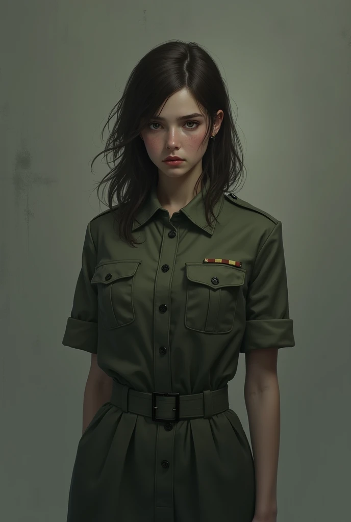 Brunette girl in military uniform in a sad mood 