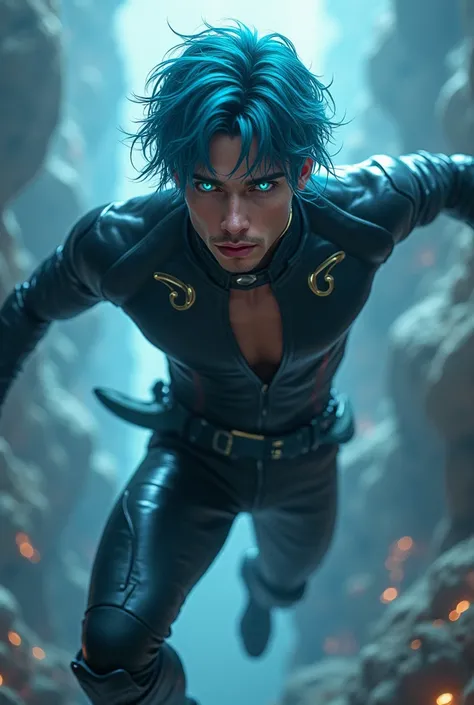 a handsome young man, tight leather outfit, mid-length blue hair, godlike, luminous gaze, turquoise eyes that can be seen in the dark, floating in the sky, muscular, smile, long eyelashes, 8k, hyper detailed, photorealistic, high quality, digital painting,...