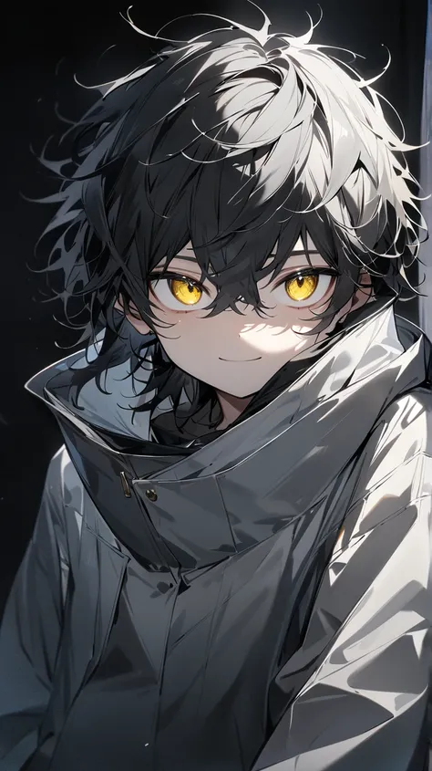  one boy ,  male focus ,  cute and cool high school boy, Beautiful yellow eyes ,   black hair,  simple clothes  ,  wearing bigger clothes, (masterpiece), ( top quality ), ( super detailed ), Downer,  very aesthetic,  illustration,  perfect composition, Mat...