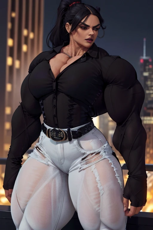 ((Close-up)), tall, (jet black hair), beautiful muscular woman, wavy ponytail, brown skinned, (black lipstick), smirking, (massive muscles), (hyper muscle), ((ginormous bulky muscles)), white eyes, (((((long sleeve collared shirt))))), ((((tight pants and ...